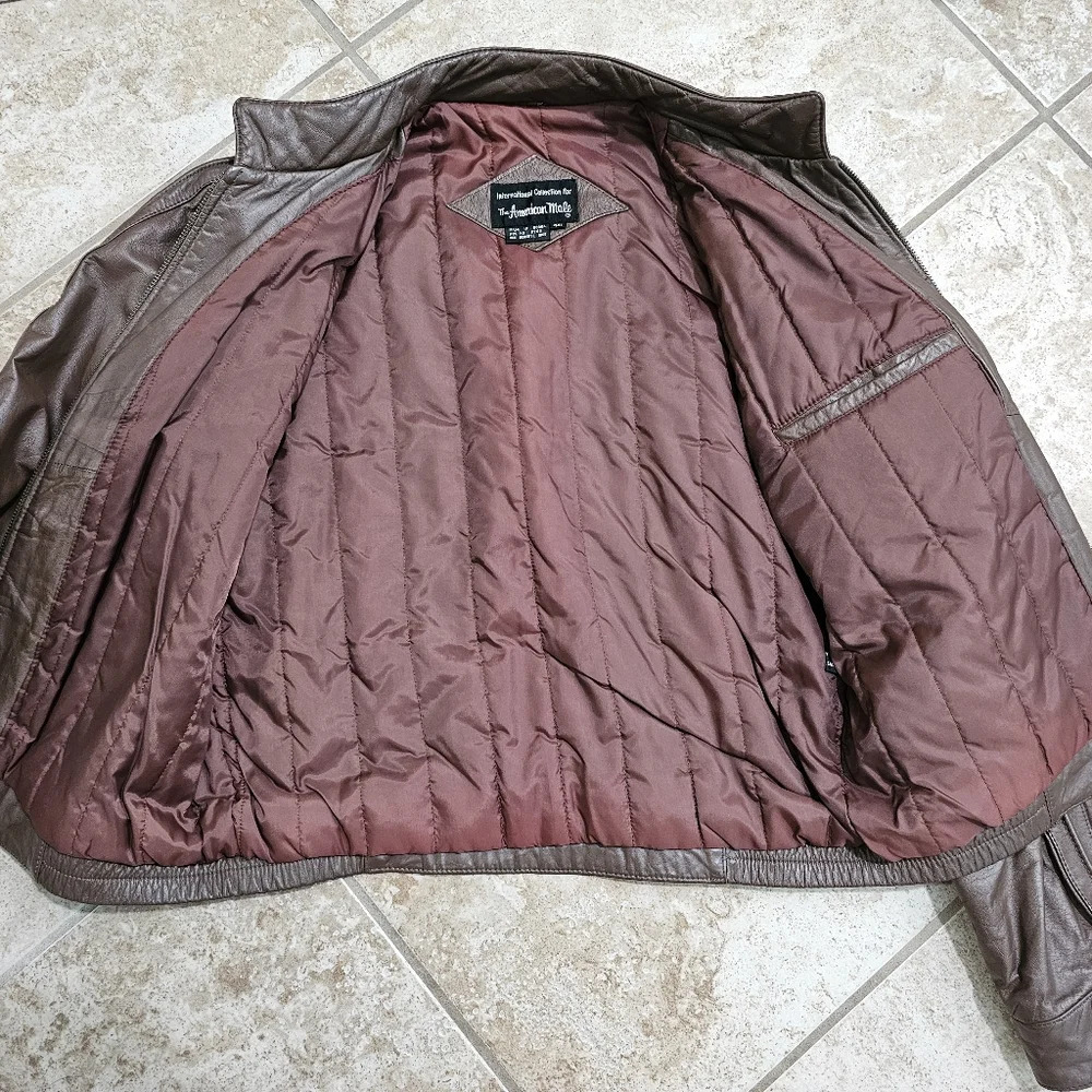 American Male Mens Size M Brown Leather Jacket Vintage 80s Moto Aviator Archival - Picture 5 of 9